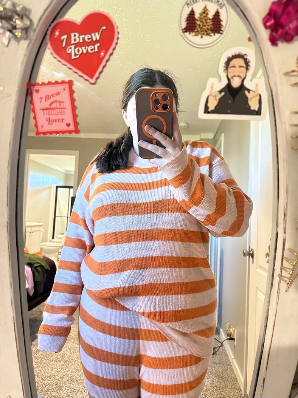 Amazon Women's Orange and Cream Striped Crewneck Sweater